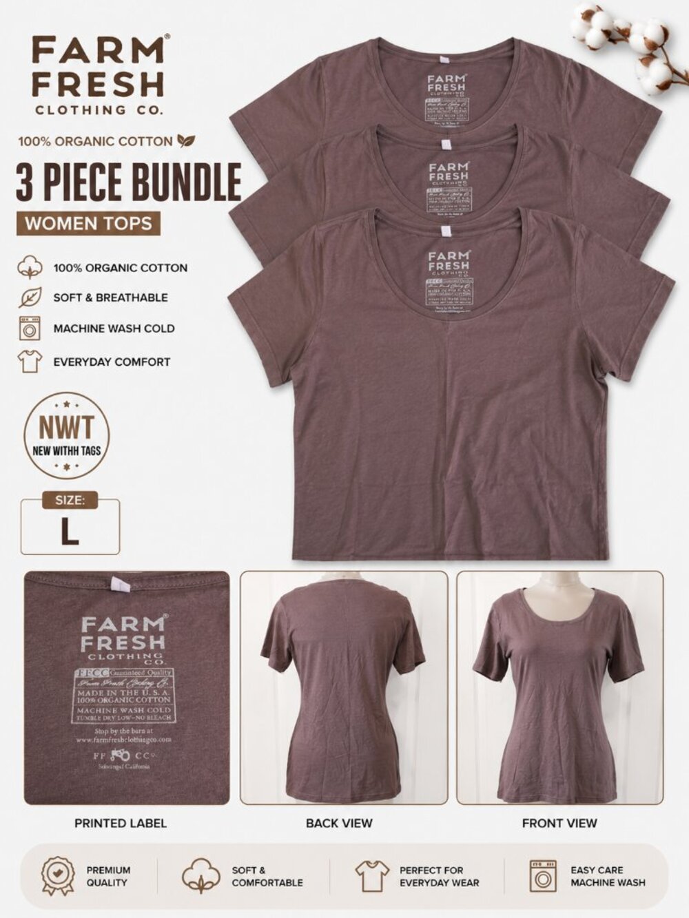 NWT Farm Fresh Organic Cotton T-Shirt Bundle Women's Size L 3PC